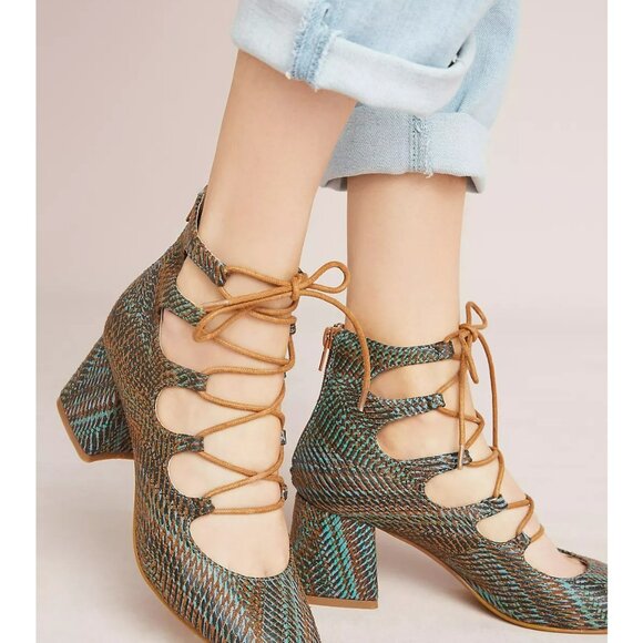 Vanessa Wu Ghillie Lace-Up Block Heels Size 38 US 7.5 Leather Upper Brown & Teal - Picture 12 of 12